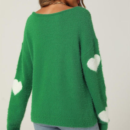 Relaxed Comfy White Heart Pattern Jumper Top In Green