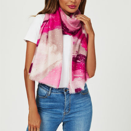 Gold Foil Abstract Brush Print Fringed edges Scarf In Pink