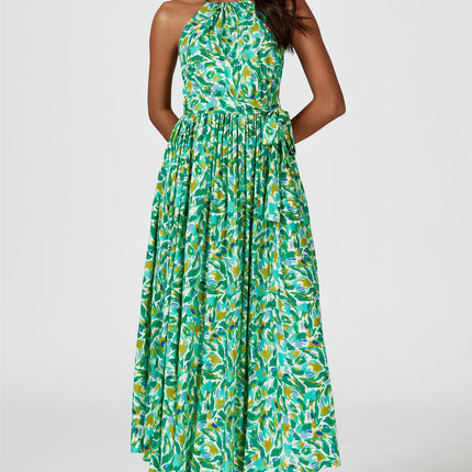 Abstract Print Tie Halterneck Maxi Dress In Green