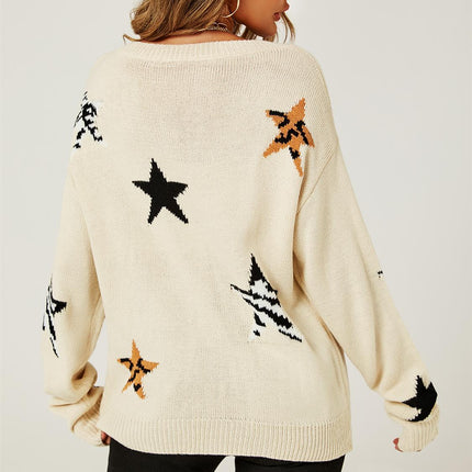 Relaxed Soft V Neck Animal Star Pattern Jumper Top In Beige