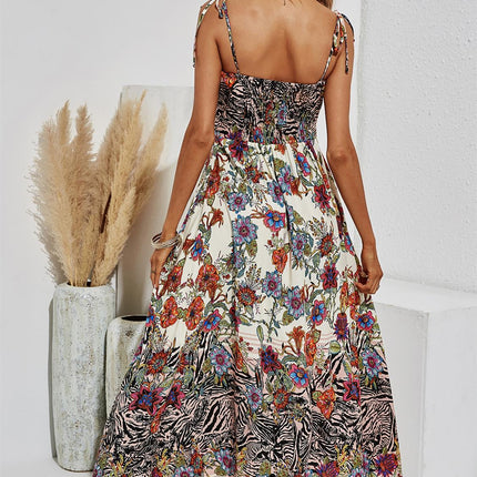 Black Zebra & Floral Print Tie On Shoulder Strappy Midi Dress In White