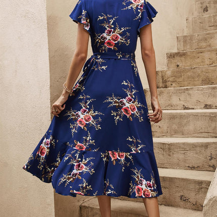 Frill Shoulder Sleeve Floral Midi Wrap Dress In Navy