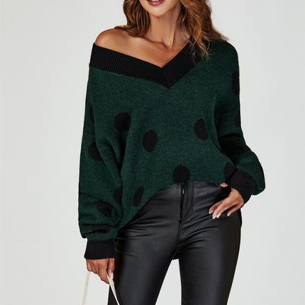 Wool Blended V Neck Jumper In Green & Black Polka Dot