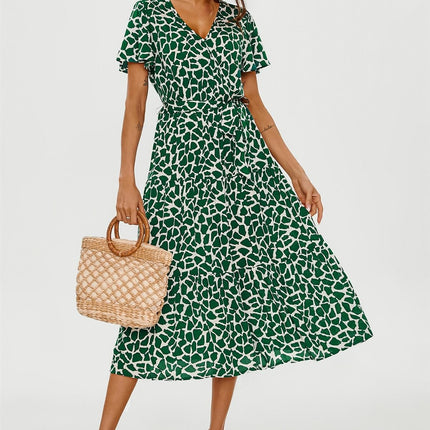Geo Print Hem Tiered Wrap Midi Dress In Green