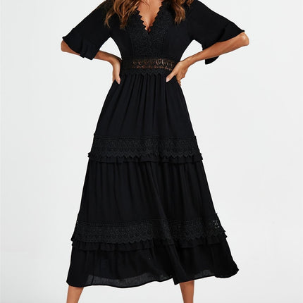 V Neck Lace Detail Midi Dress In Black