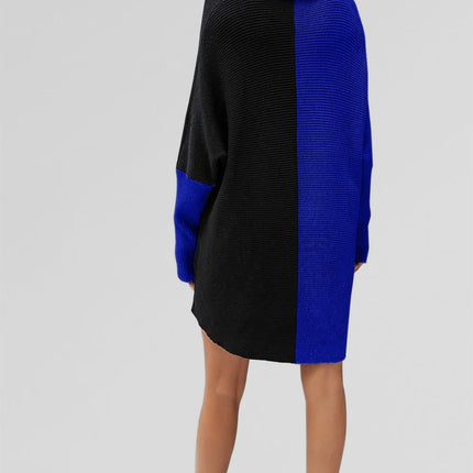 High Neck Half Forest Blue & Black Block Colour Jumper Top