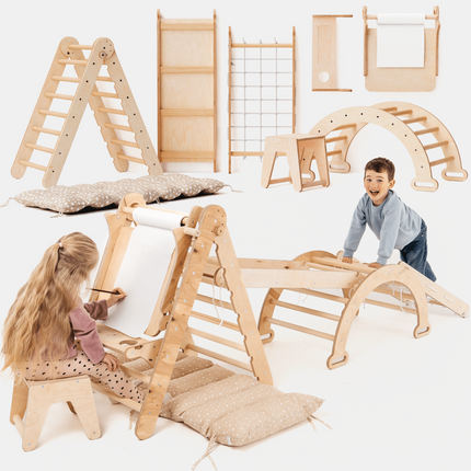7in1 Montessori Klettergerüst Set: Kletterdreieck, Kletterbogen mit Kissen, Rutsche, Kletternetz, Maltafel und Kinderstuhl, für Kinder 1-7 Jahre – Beige