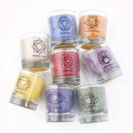 8 Chakra Palmwachs im Glas Set