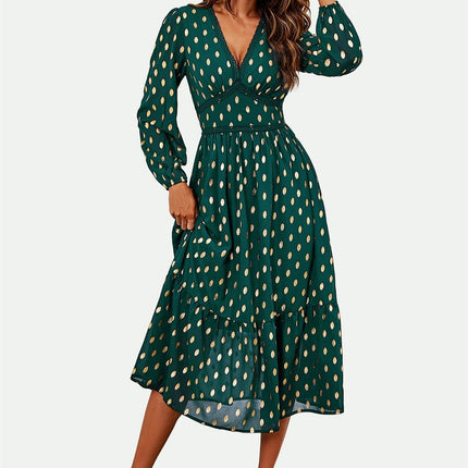 Lace Trim Foil Long Sleeve Maxi Dress In Green