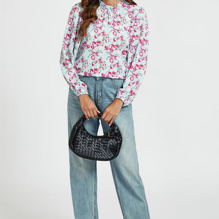 Floral Print Frill Detail High Neck Top In Blue & Pink