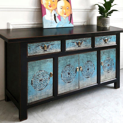 Vintage Asia Orientalische Kommode Sideboard Schrank Türkisblau - Art. 34372-5