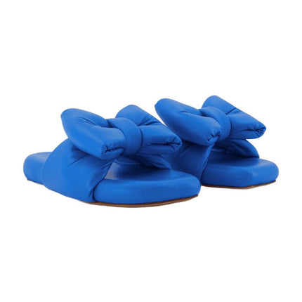 Bow Padded Slides - Off White - Blue - Leather