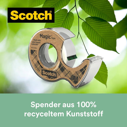 Scotch® Magic™ Klebeband, mit 66 % pflanzlichem Klebstoff hergestellt, 19 mm x 20 m, 1 Rolle + 1 Abroller aus Recyclingmaterial/Packung | Packung (1 Rolle)