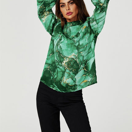Marble Print Long Sleeve High Neck Top In Light Green