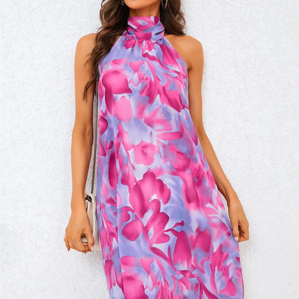 Abstract Floral Print Halter Neck Tie Back Mini Dress In Pink