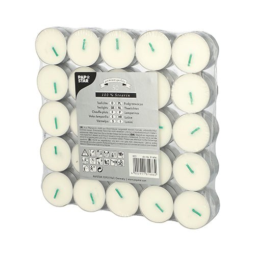 PAPSTAR Teelichte aus 100 % Stearin, Ø 37,2 mm, weiß, 15,5 mm | Packung (50 Stück)
