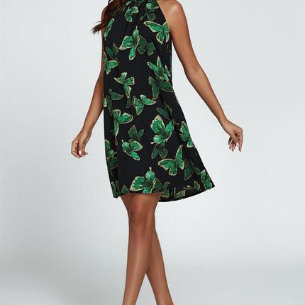 Butterfly Print Halter Neck Tie Back Mini Dress In Green
