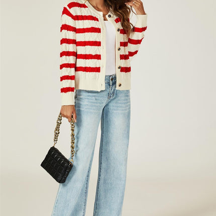 Stripe Pattern Knitted Cardigan In Red