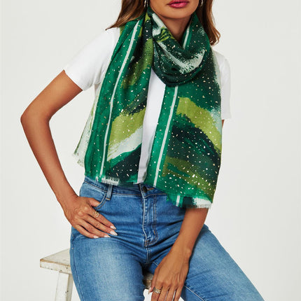 Gold Foil Abstract Brush Print Fringed edges Scarf In Green
