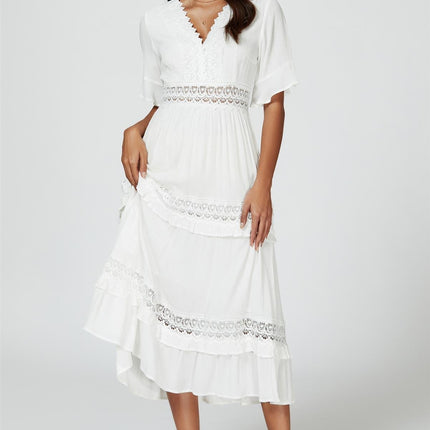 V Neck Lace Detail Midi Dress In White