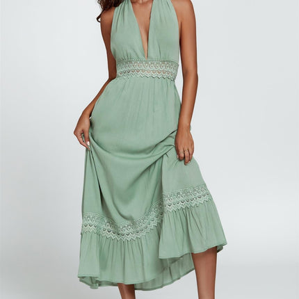 Lace Detail Adjustable Deep V Neckline Maxi Dress In Green