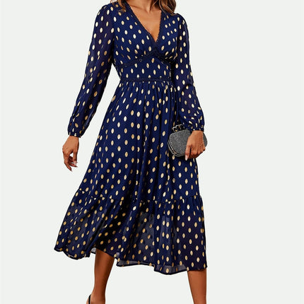 Lace Trim Foil Long Sleeve Maxi Dress In Navy