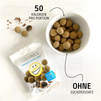 EASIS Dänische Lakritz-Kugeln ohne Zuckerzusatz | Salzige Lakritzkerne in Vollmilchschokolade & Lakritzpulver | Süßungsmitteln natürlichen Ursprungs | Gourmet Schokolade Geschenk, 75g