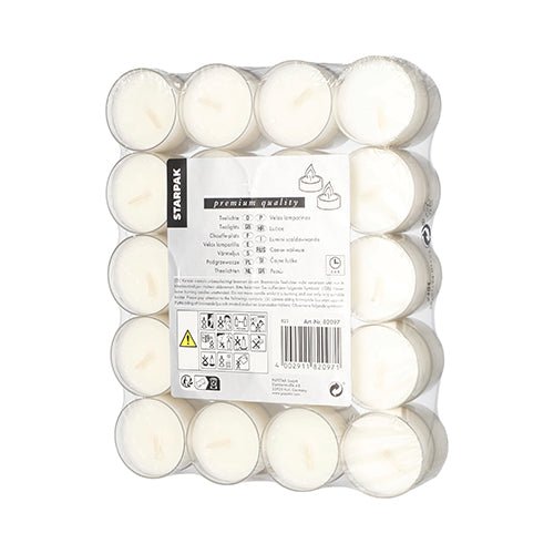 Starpak 40 Teelichte Ø 38 mm · 19 mm weiss in Polycarbonathülle | Schrumpffolie (40 Stück)