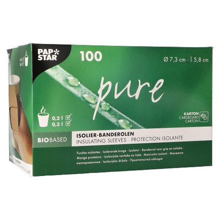 PAPSTAR Banderolen für Heißgetränkebecher "pure", braun, Ø 7,3 cm | Spenderkarton (100 Stück)