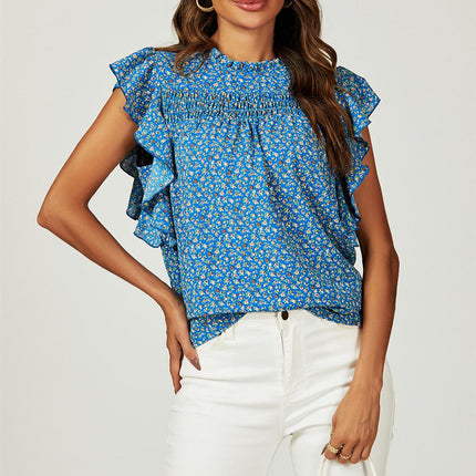 Floral Print Frill Hem Short Sleeve Blouse Top In Blue