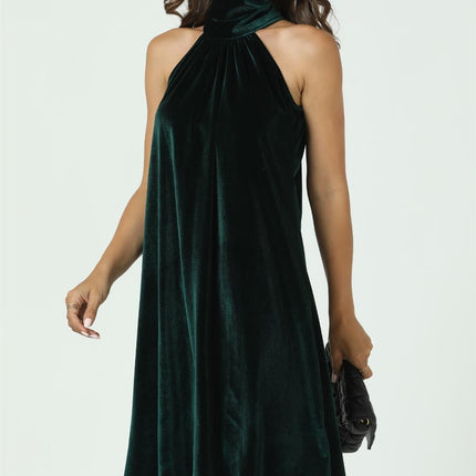 Velvet Halter Neck Tie Back Mini Dress In Dark Green