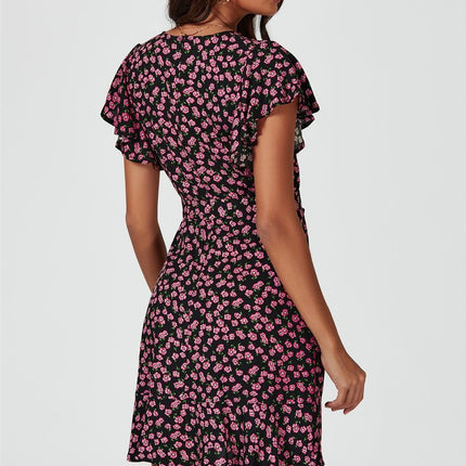 Floral Print Wrap Top Dress In Black