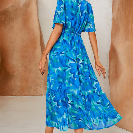 Abstract Floral Print Lace Detail Angel Sleeve Maxi Dress In Blue