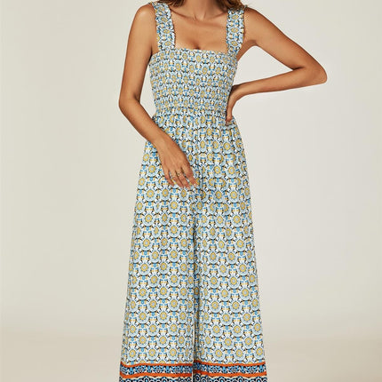 Geo Print Stretchy Smocked Wide Leg Jumpsuit In Blue