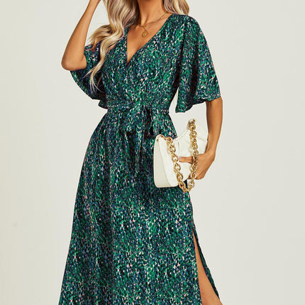 Angel Sleeve Wrap Top Midi Dress In Green