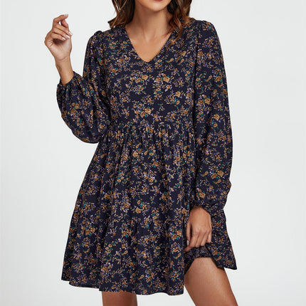 Little Floral Print V Neck Mini Dress In Navy