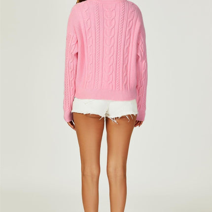 Cable Knit Crew Neck Jumper In Pink