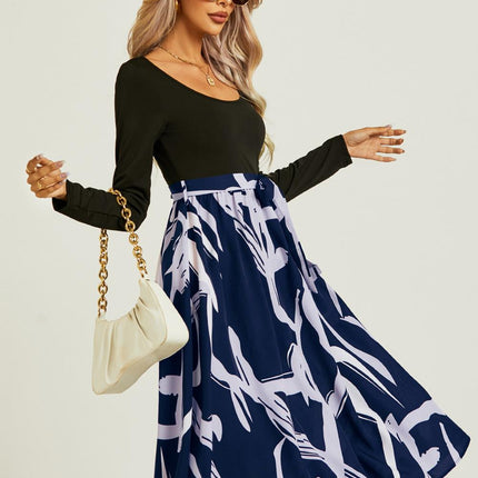 Printed 2 In 1 Midi Dress Long Sleeve Top In Navy