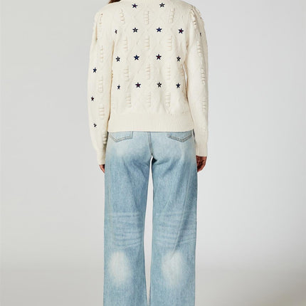 Star Embroidered Knitted Cardigan In Bone White