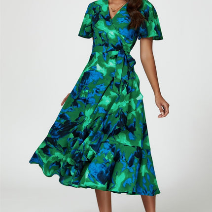 Abstract Print Midi Wrap Dress In Green