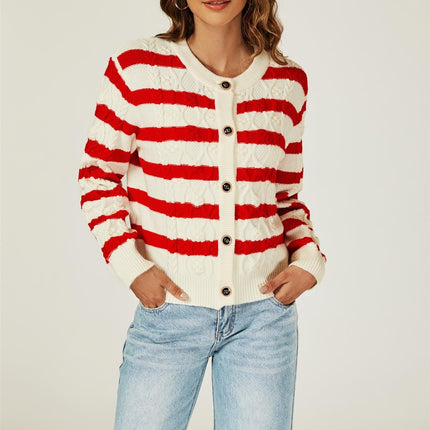 Stripe Pattern Knitted Cardigan In Red