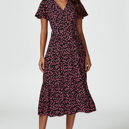 Pink Floral Print Wrap Midi Dress In Black