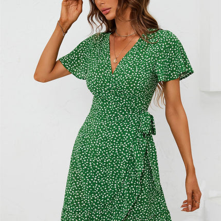 Floral Print Mini Wrap Dress In Green