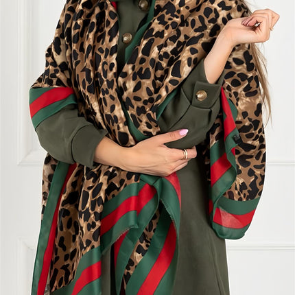 Leopard & Strip Print Fringed edges Scarf In Green & Red