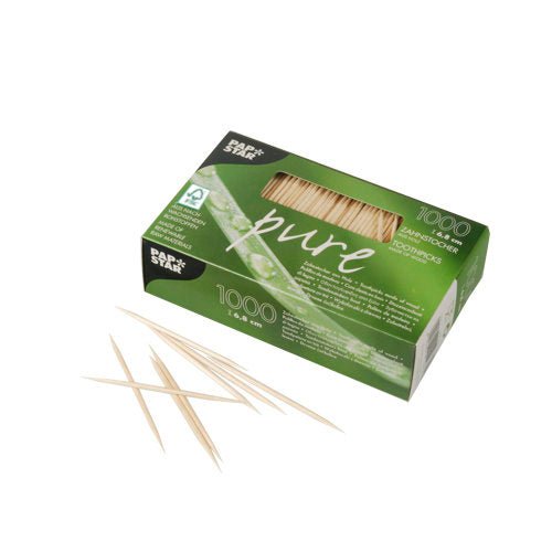PAPSTAR Zahnstocher aus FSC-zertifiziertem Holz, rund, 6,8 cm | Faltschachtel (1000 Stück)
