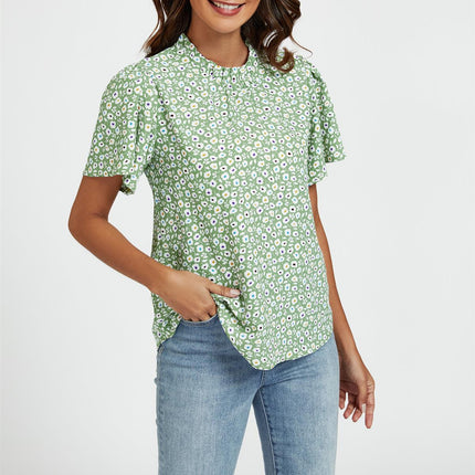 Little Floral Print Angle Sleeve High Neck Top/Blouse In Green