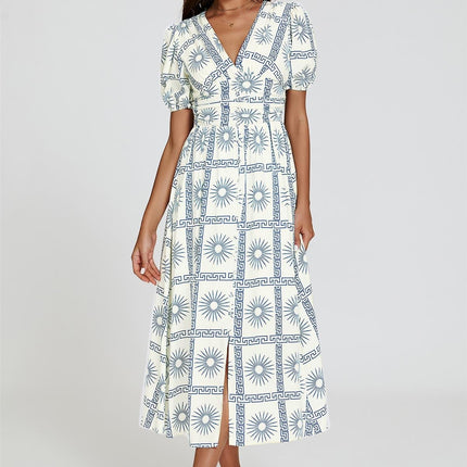 Geo Print Midi V neckline Dress In White