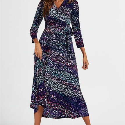 Geometric Print Wrap Top Midi Dress In Navy