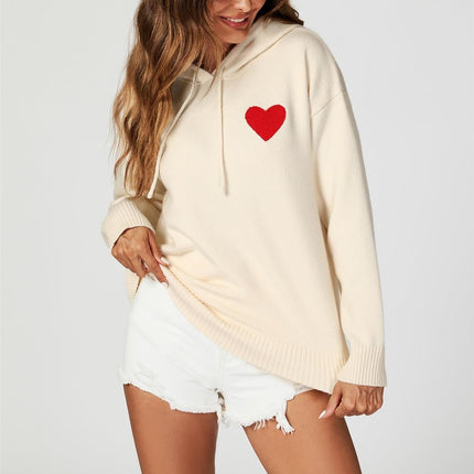 Heart Embroidery Knitted Hoodie In Cream