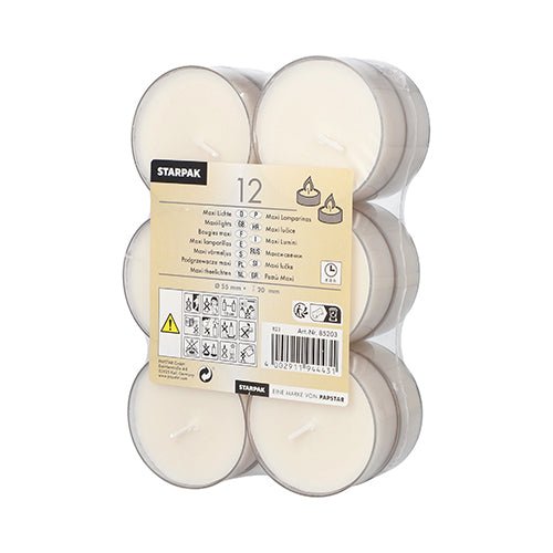 Starpak 12 Maxi Teeichter Ø 55 mm · 20 mm weiss · Brenndauer ca. 8 h, in Polycarbonathülle | Packung (12 Stück)